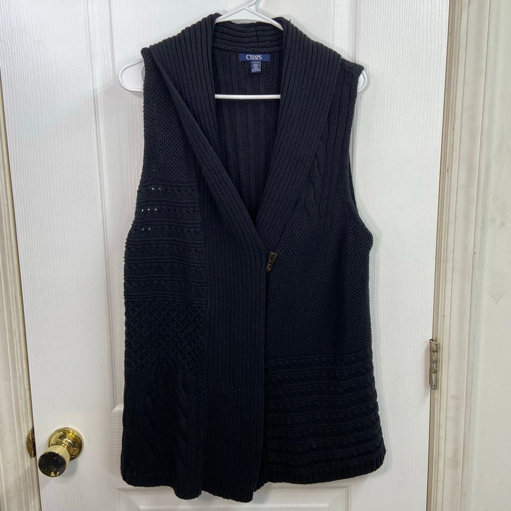 CHAPS black thick knit fold over neck button cardigan sleeveless vest sweater XL